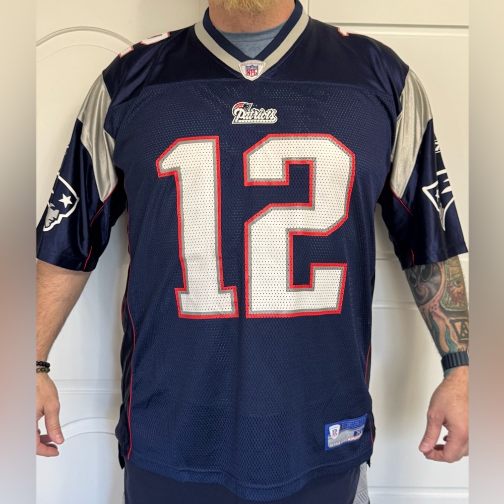 Reebok New England Patriots #12 Navy Blue Silver Football Jersey
